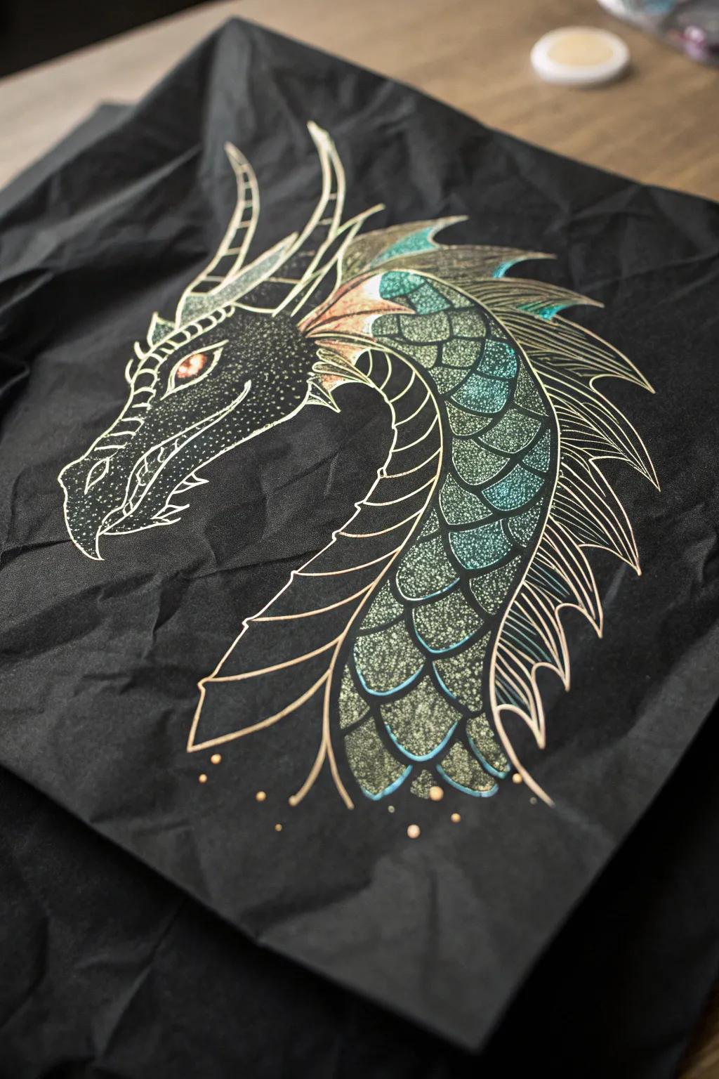 Enter a world of fantasy with mystical creature drawings on black paper.