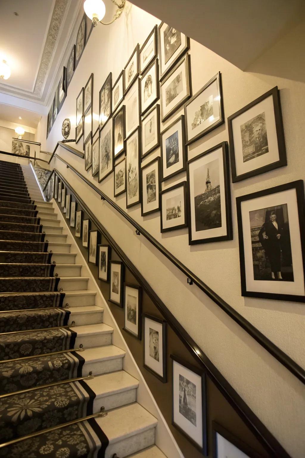 A sophisticated display of black and white photos in a staircase gallery.