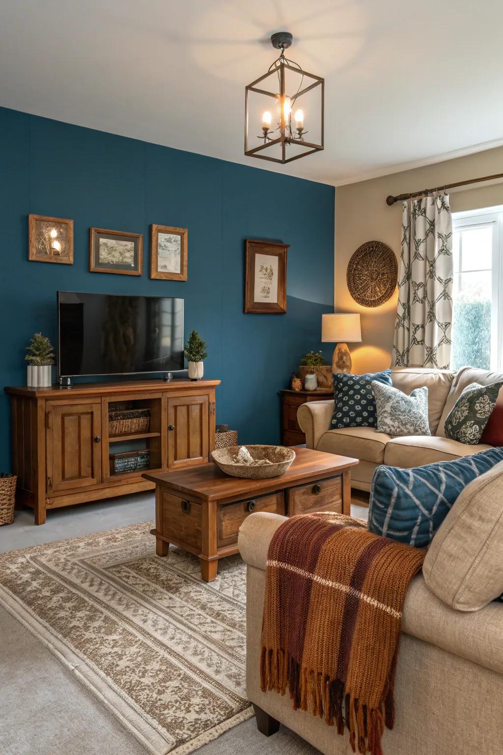 A cozy living room featuring a blue accent wall and warm wood elements.