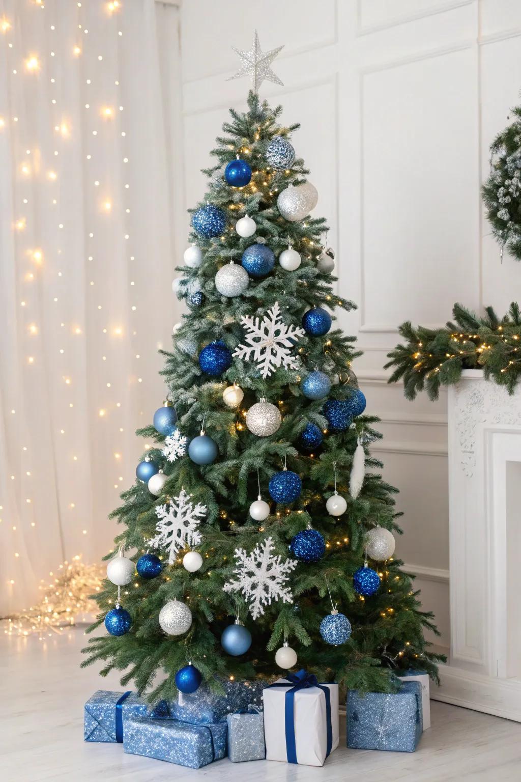 A winter wonderland theme with blue and white decorations evokes the beauty of a snowy landscape.