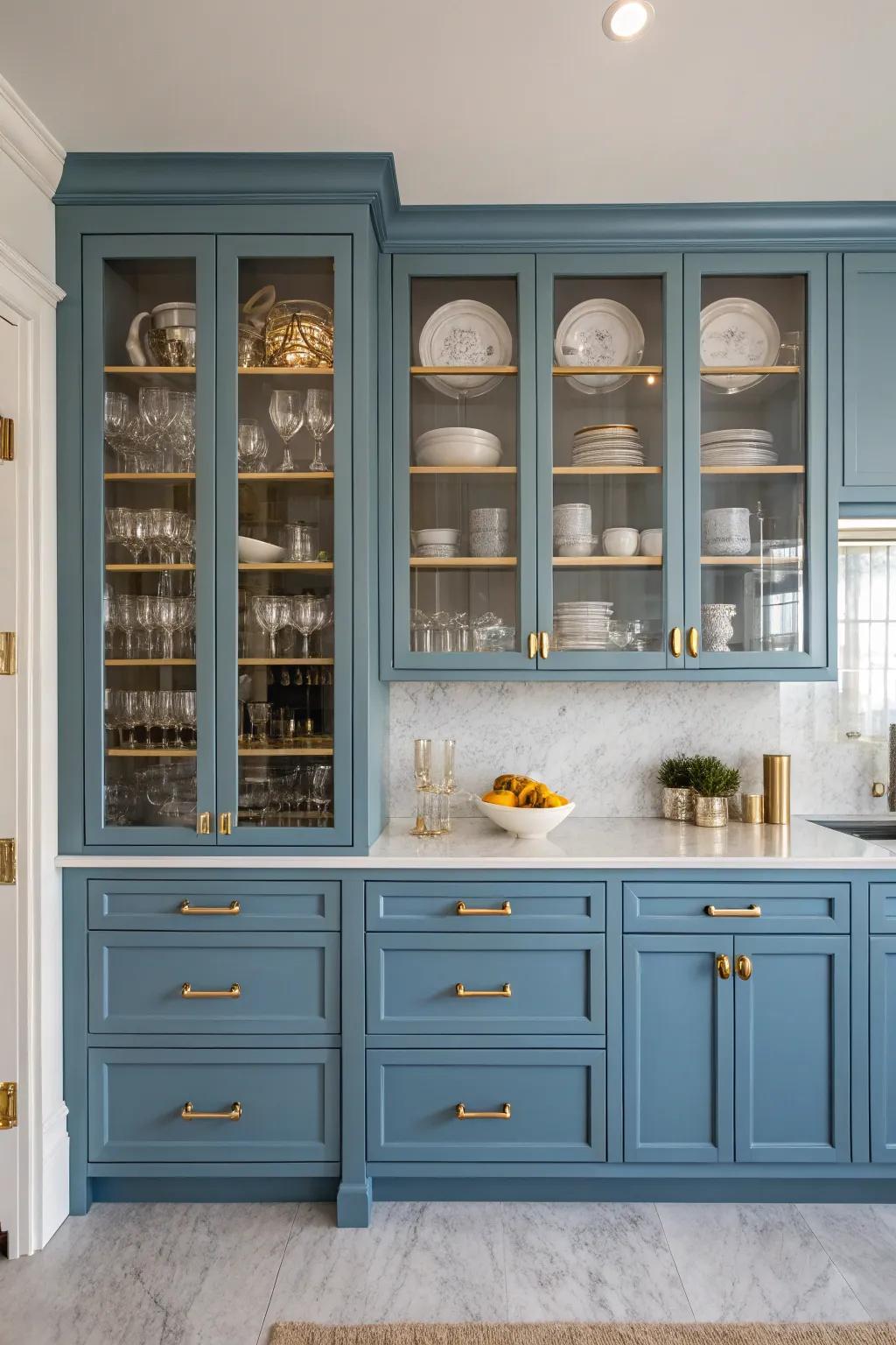 Blue glass-front cabinets with gold hardware offer elegance and functionality.