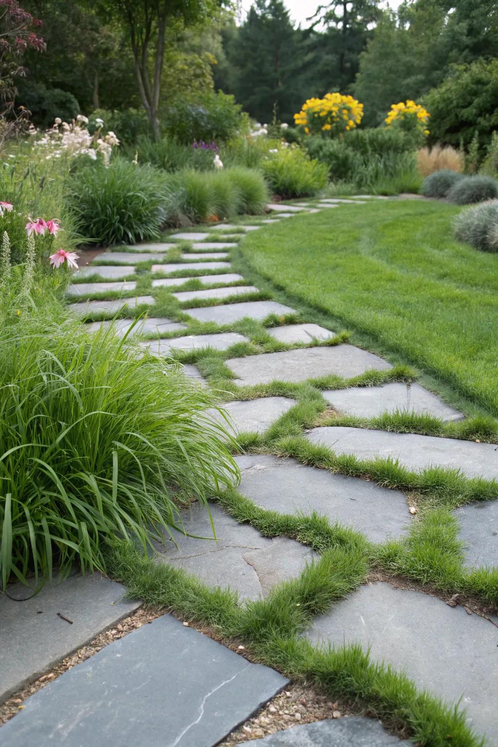 Grass-filled gaps between bluestone slabs add a refreshing green element.