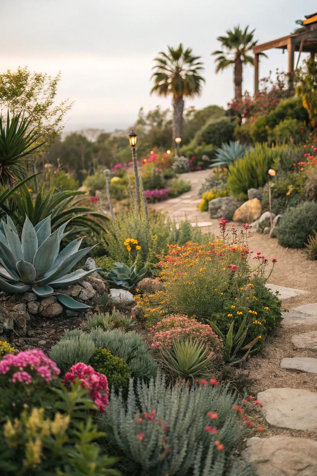 A diverse mix of plants in a bohemian garden setting.