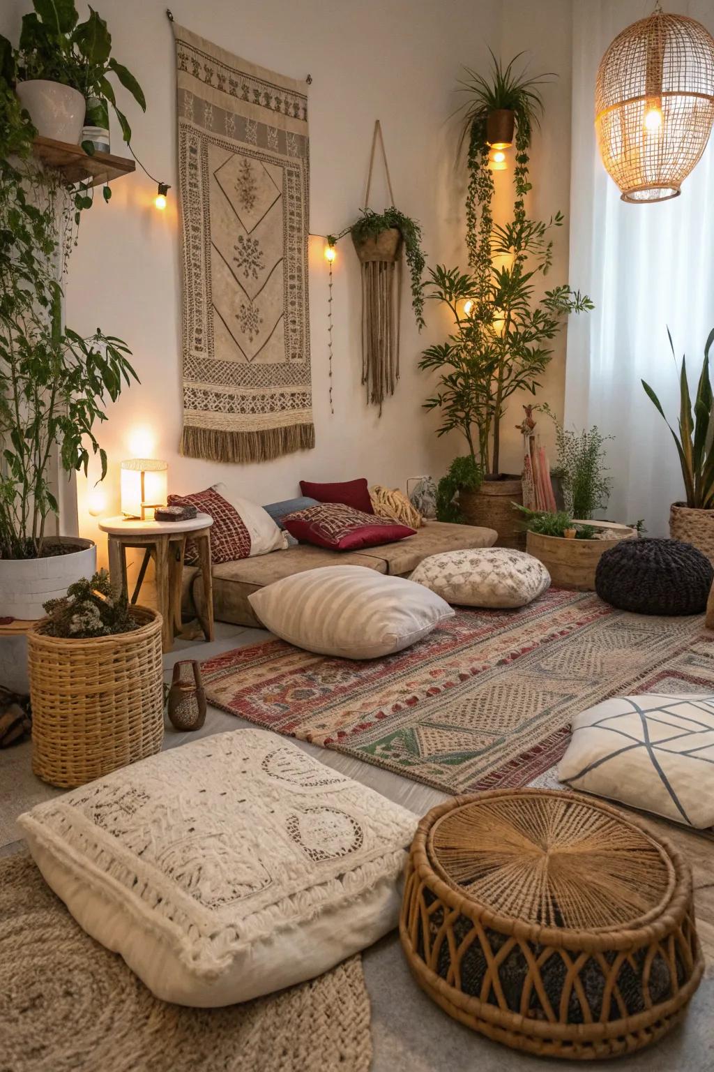 Low-slung furniture enhances the relaxed boho vibe.