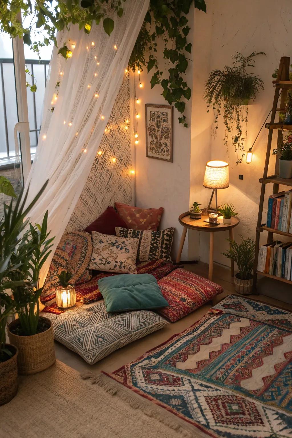 Create a cozy nook with layers of textiles and ambient lighting.