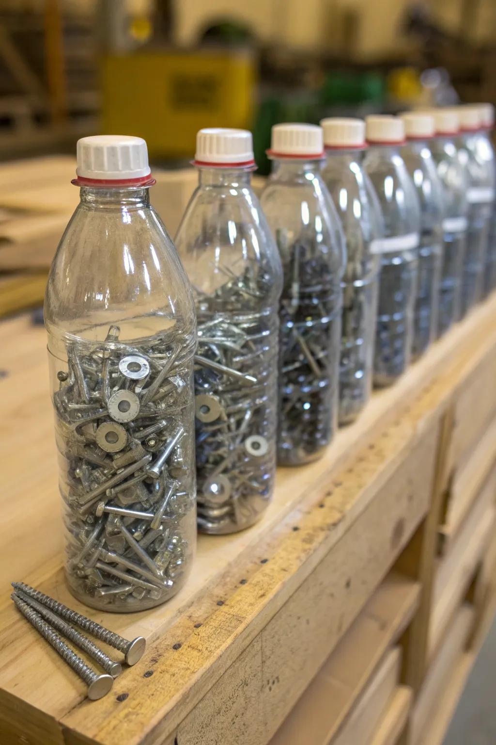 Upcycle with style: Transform plastic bottles into chic bolt bins for your workshop.