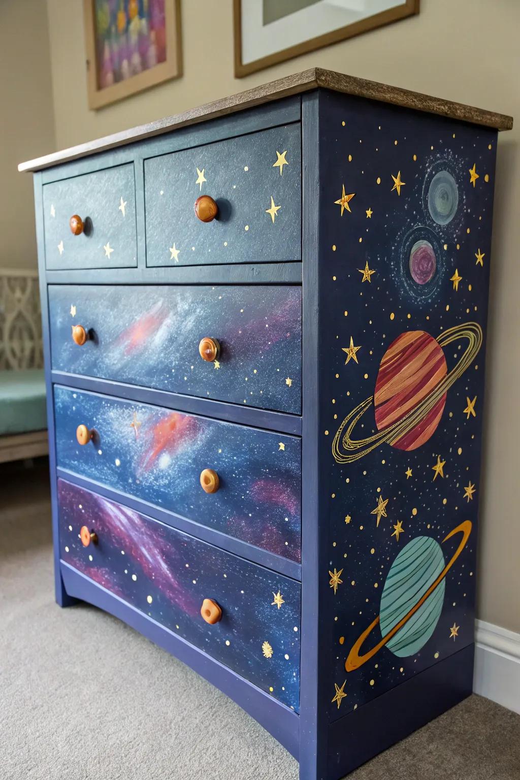 Transform your child's room with a cosmic-themed dresser that sparks imagination and adventure.