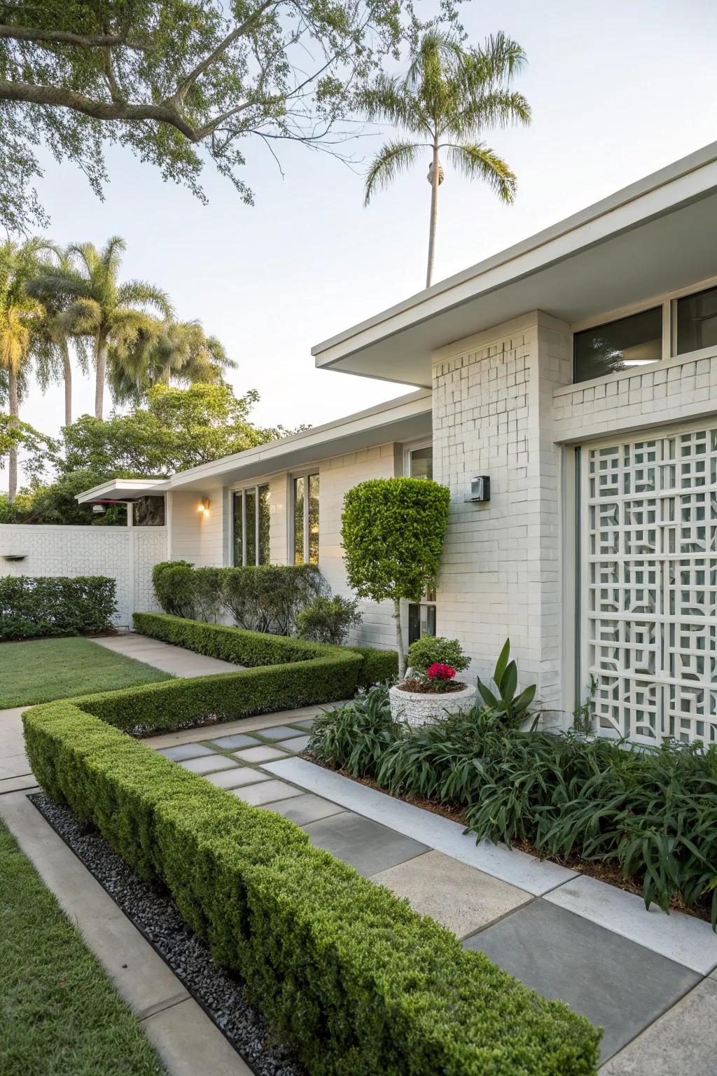 A mid-century modern facade enhanced by a stylish breeze block wall.