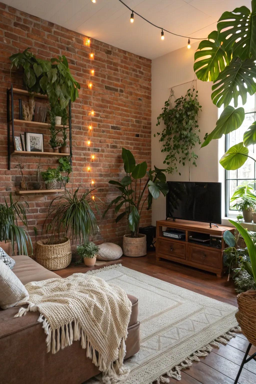 Greenery adds a lively contrast to this brick wall.