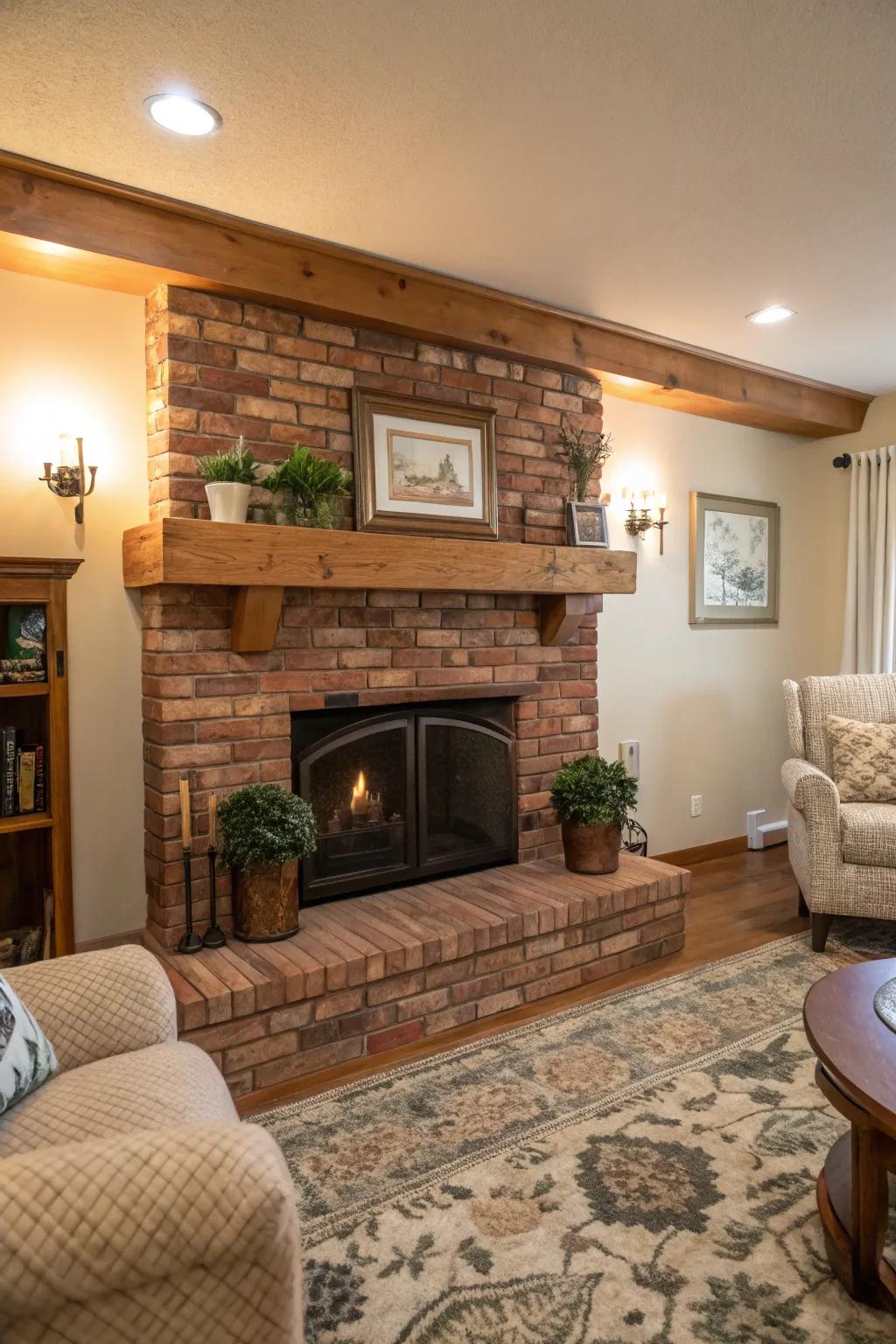 Natural warmth with a brick fireplace and wood mantel.