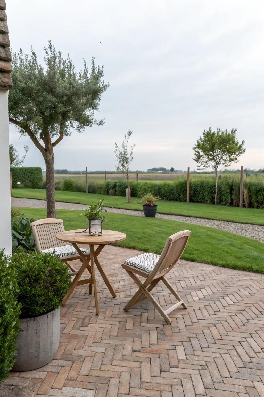 A herringbone pattern adds elegance to small brick patios.