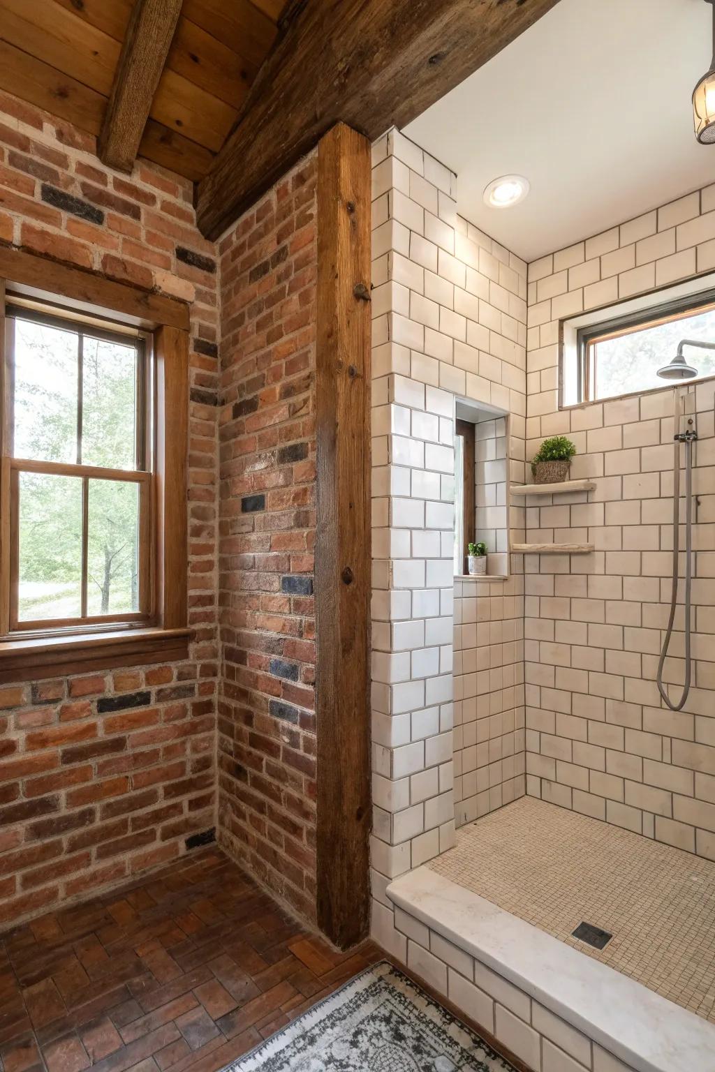 An elegant mix of brick walls and tiles adds depth to the bathroom.