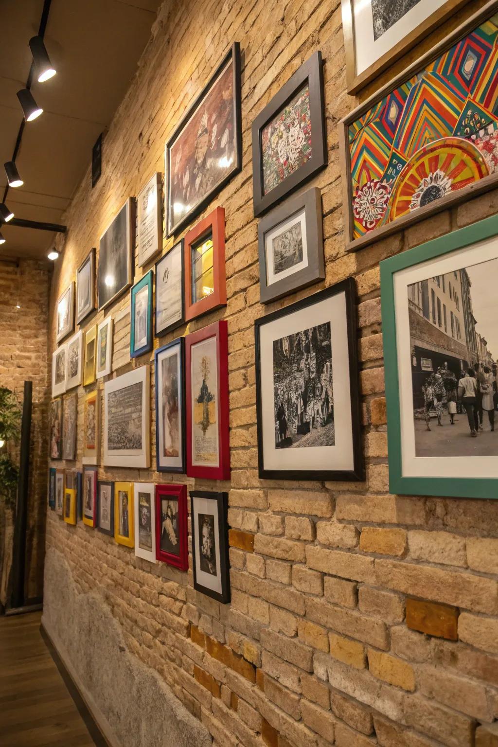 A gallery wall on a brick background adds personality and charm to the room.