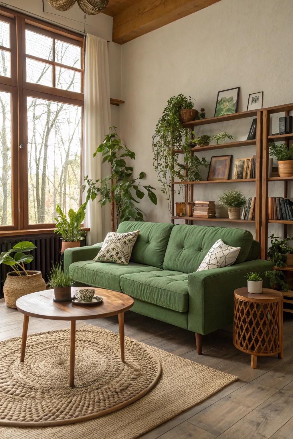 A green sofa invites the freshness of nature indoors.