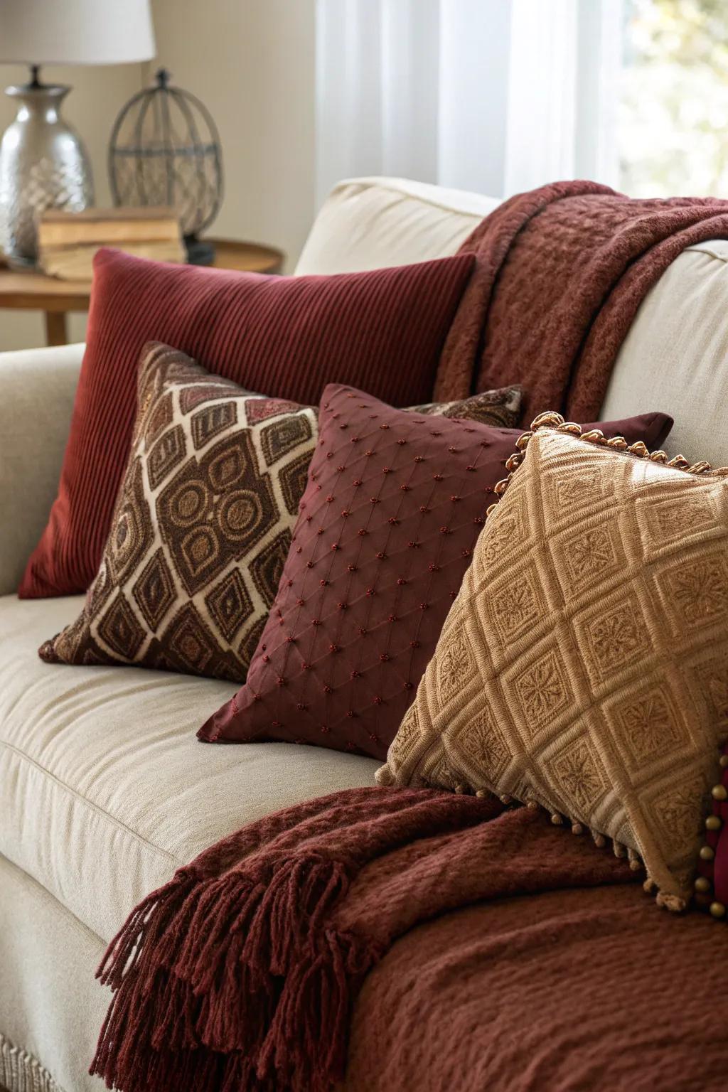 Textured throw pillows provide comfort and style in harmonious hues.