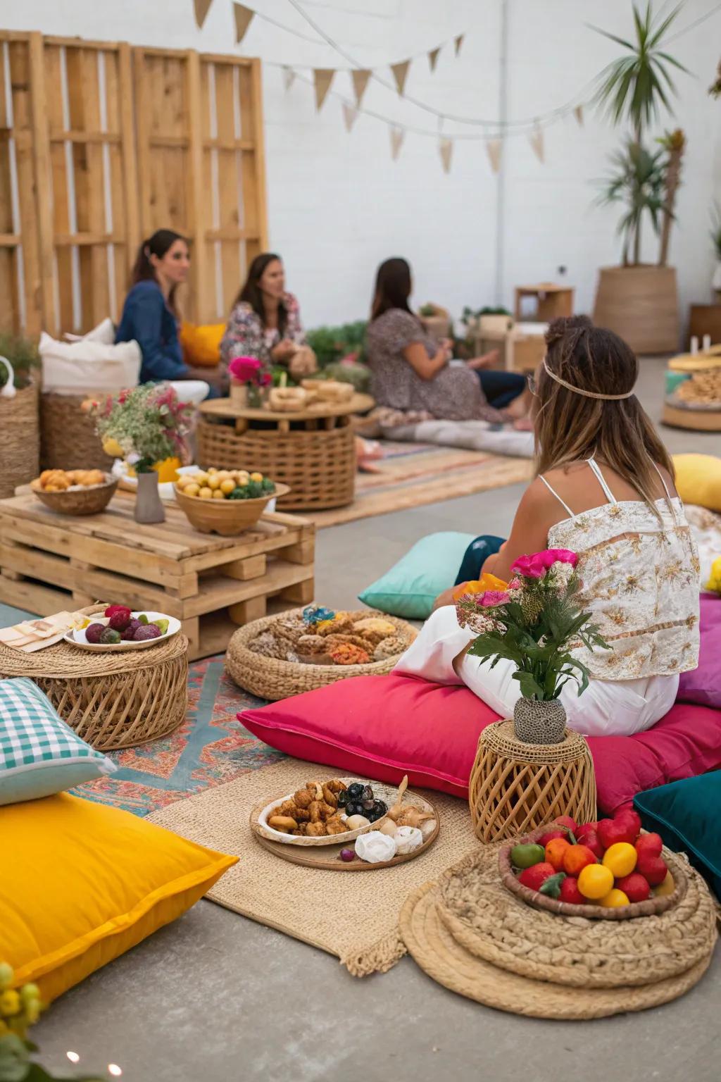 A bohemian brunch setup featuring floor seating and colorful cushions.