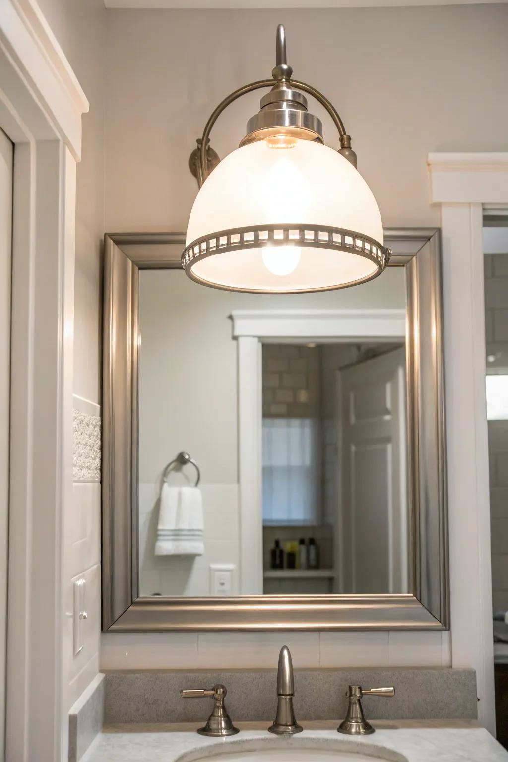 Sleek and minimalist brushed nickel lighting above a bathroom mirror.