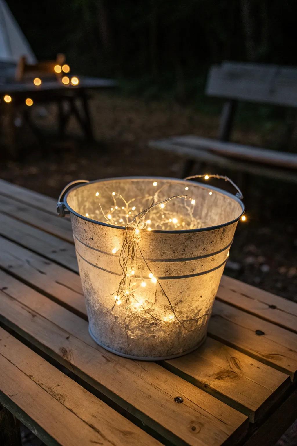 Illuminate your campsite with a handcrafted bucket lantern, casting a fairy-tale glow.