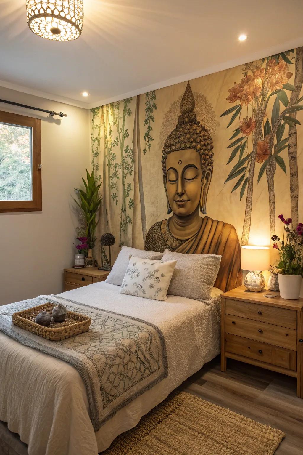 Buddha painting with nature motifs creates a peaceful ambiance in this bedroom.