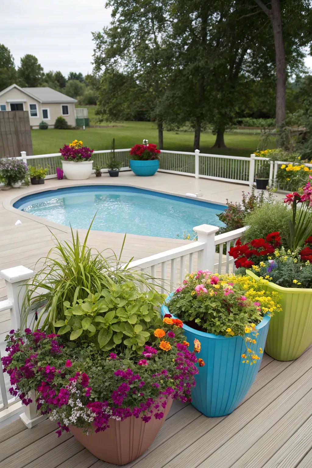 Planters bring color and vibrancy to your pool deck effortlessly.