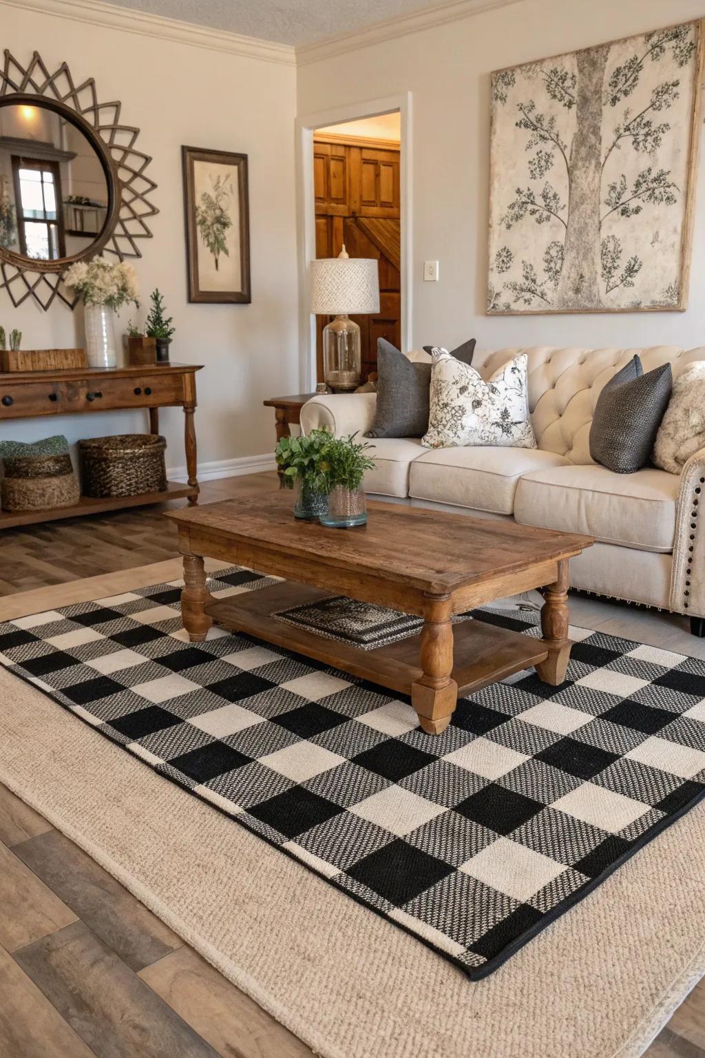 A buffalo check rug ties together various elements in the room.