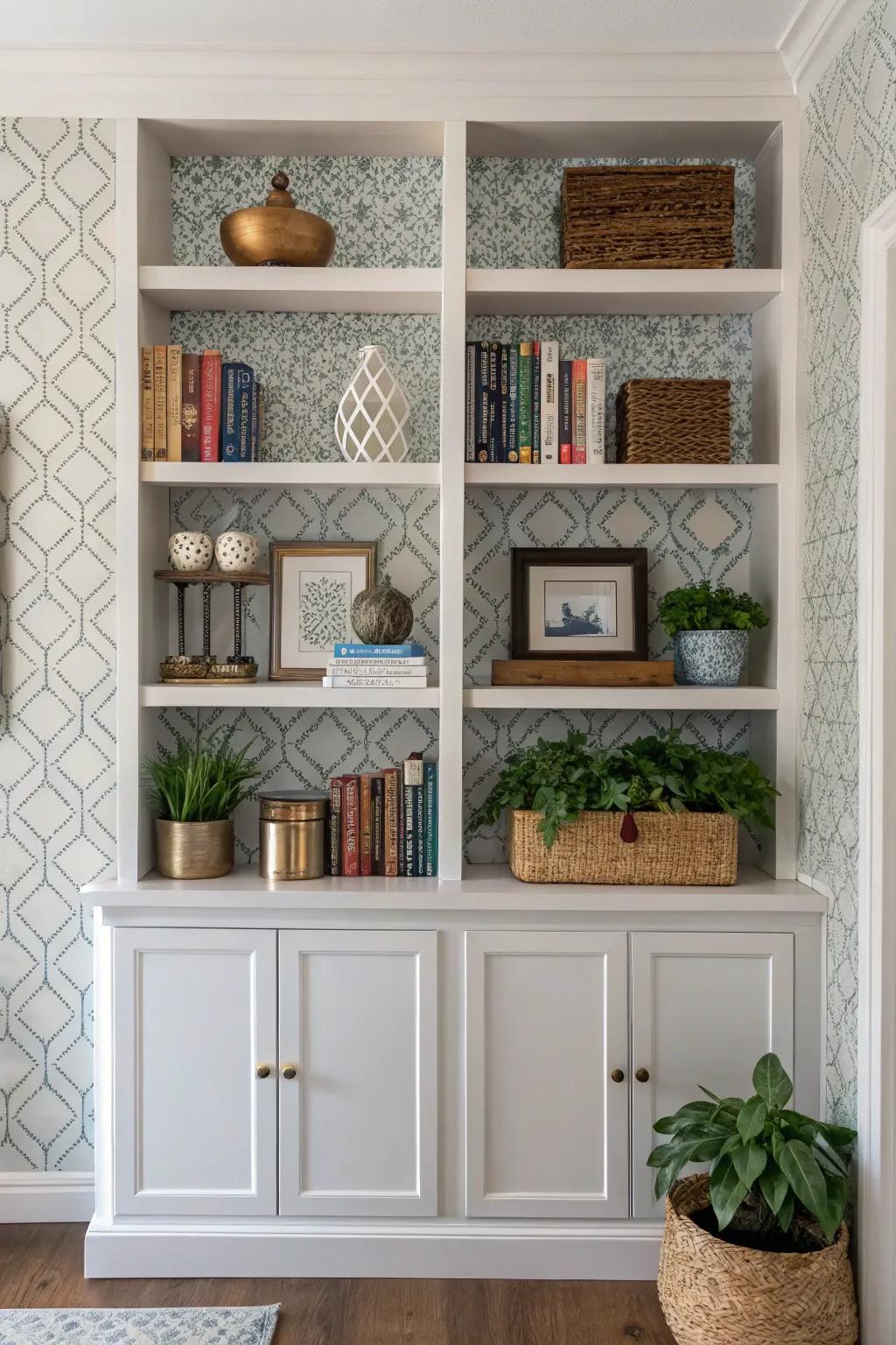 Wallpaper adds depth and character to built-in shelves.