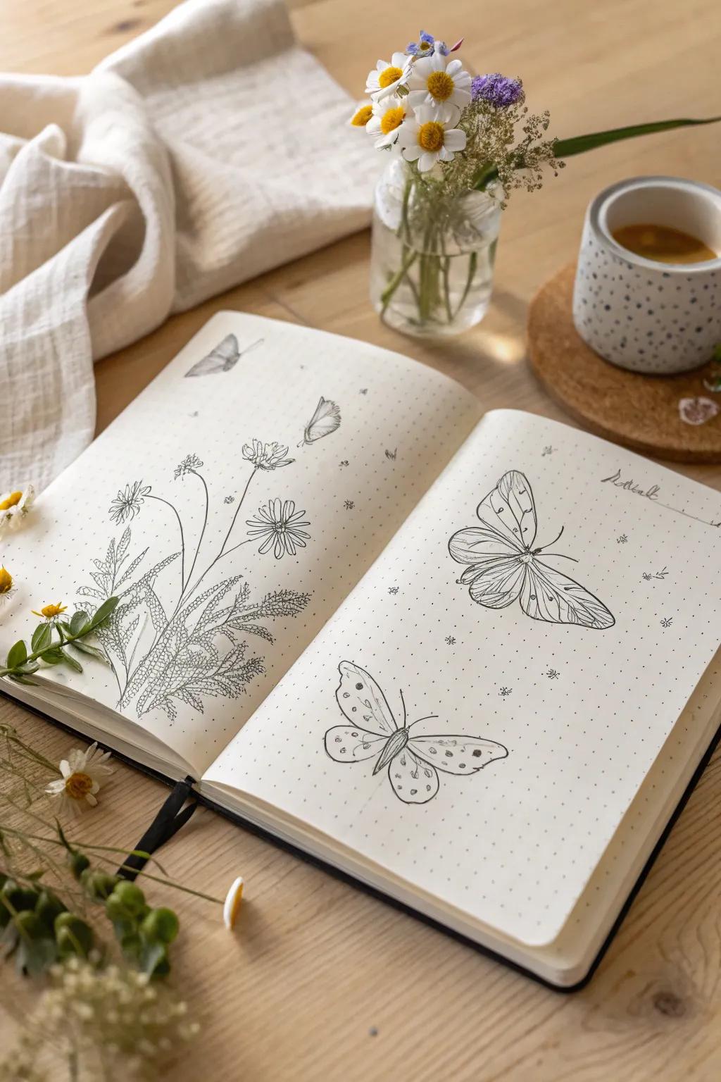 Embrace the essence of spring with these elegant butterfly and bird doodles, perfect for your minimalist bullet journal.