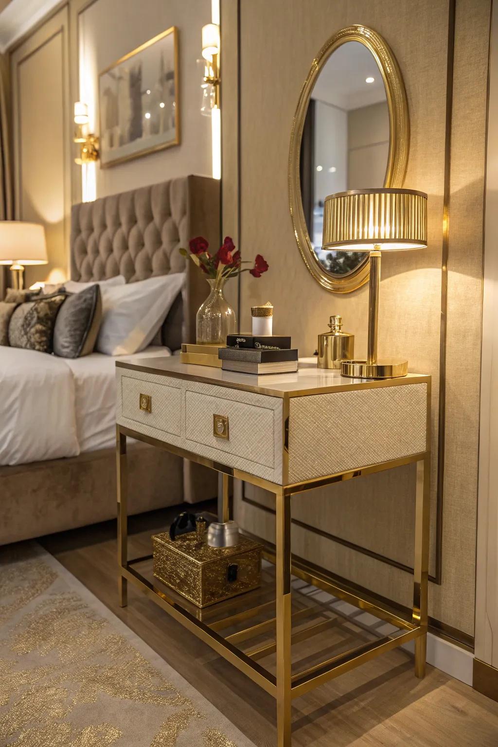 Sophisticated gold-accented furniture that enhances the room's elegance.