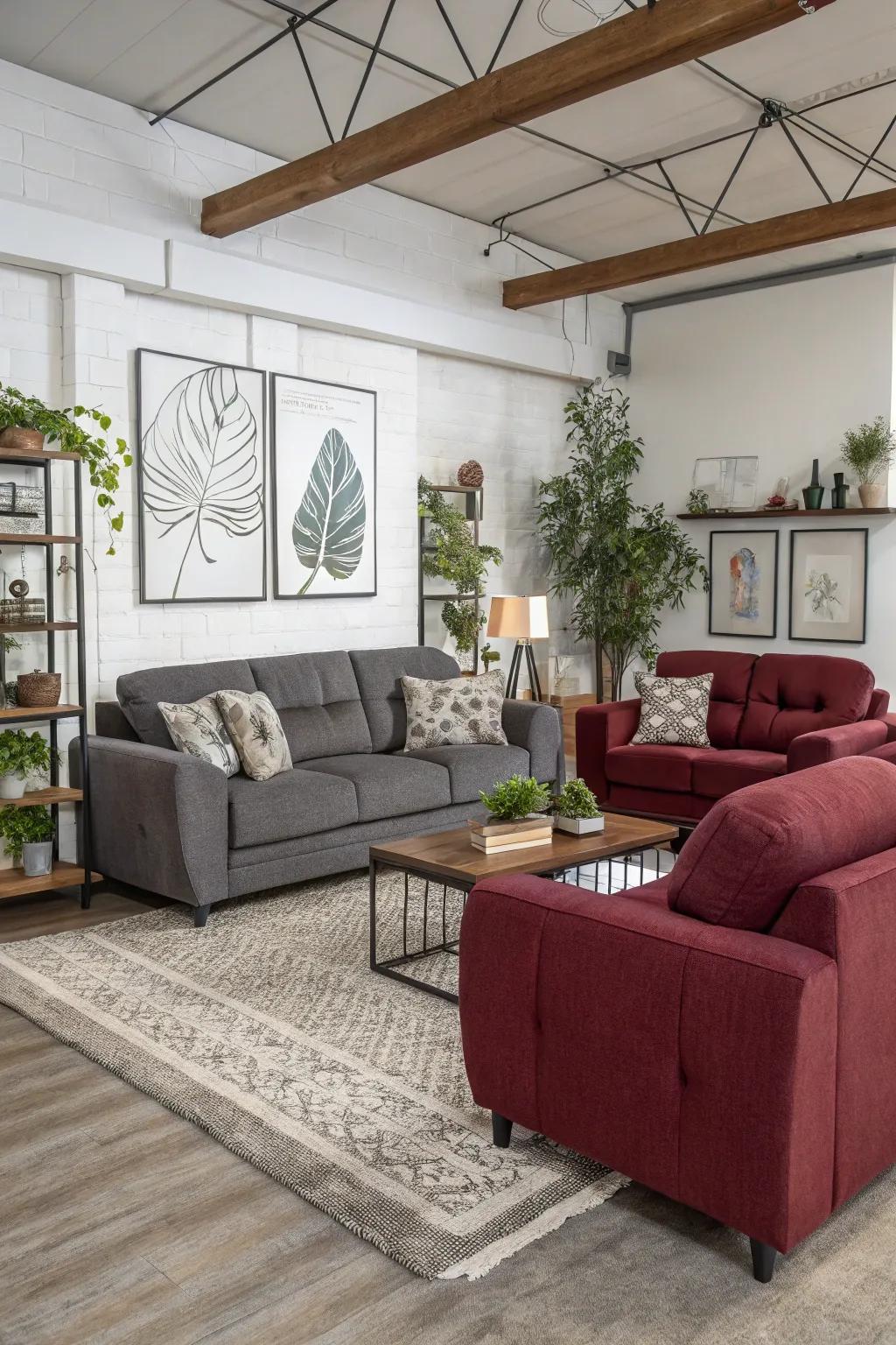 Burgundy and gray come together for a sophisticated, modern living room.