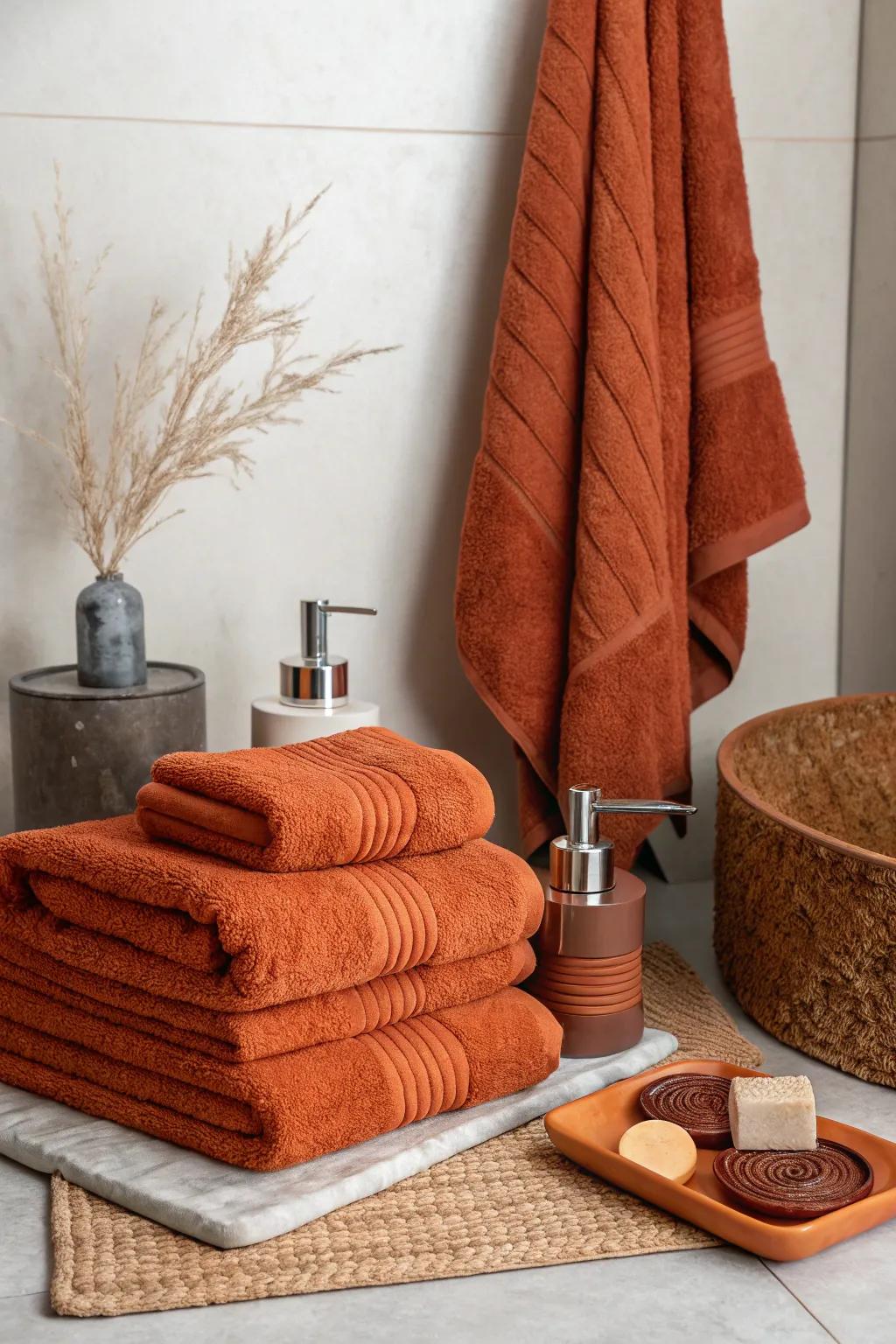 Burnt orange towels add a pop of color to a neutral bathroom.