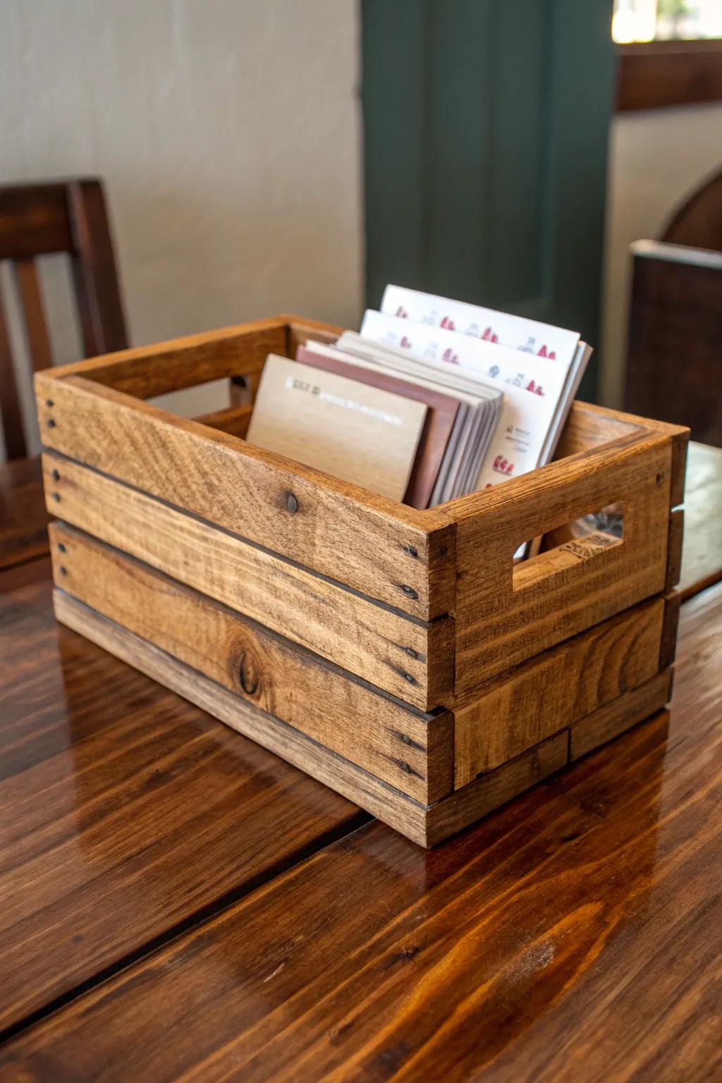 Elevate your workspace with the rustic charm of a handcrafted wooden crate business card holder.