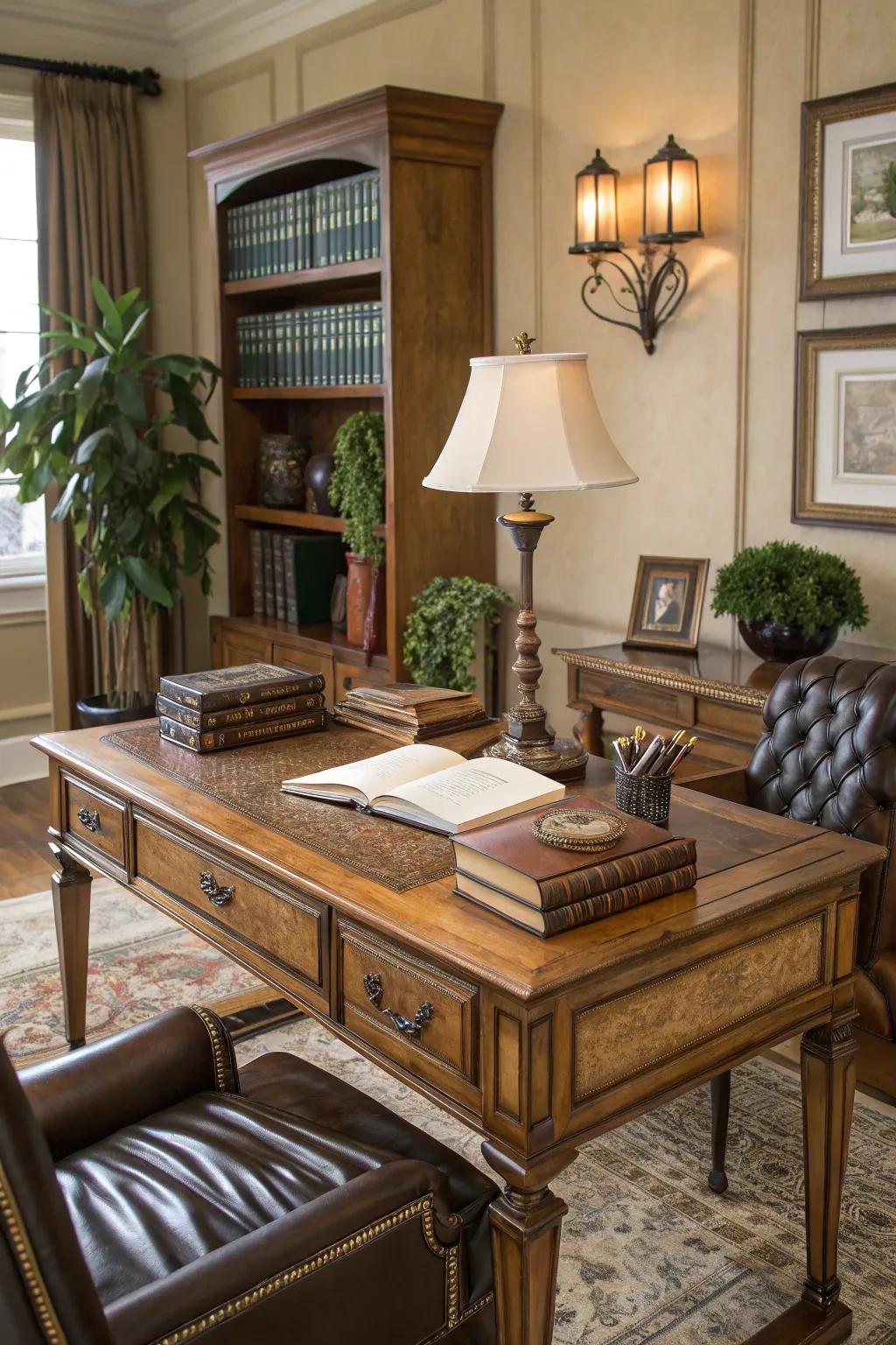 A timeless butcher block desk with a natural finish.