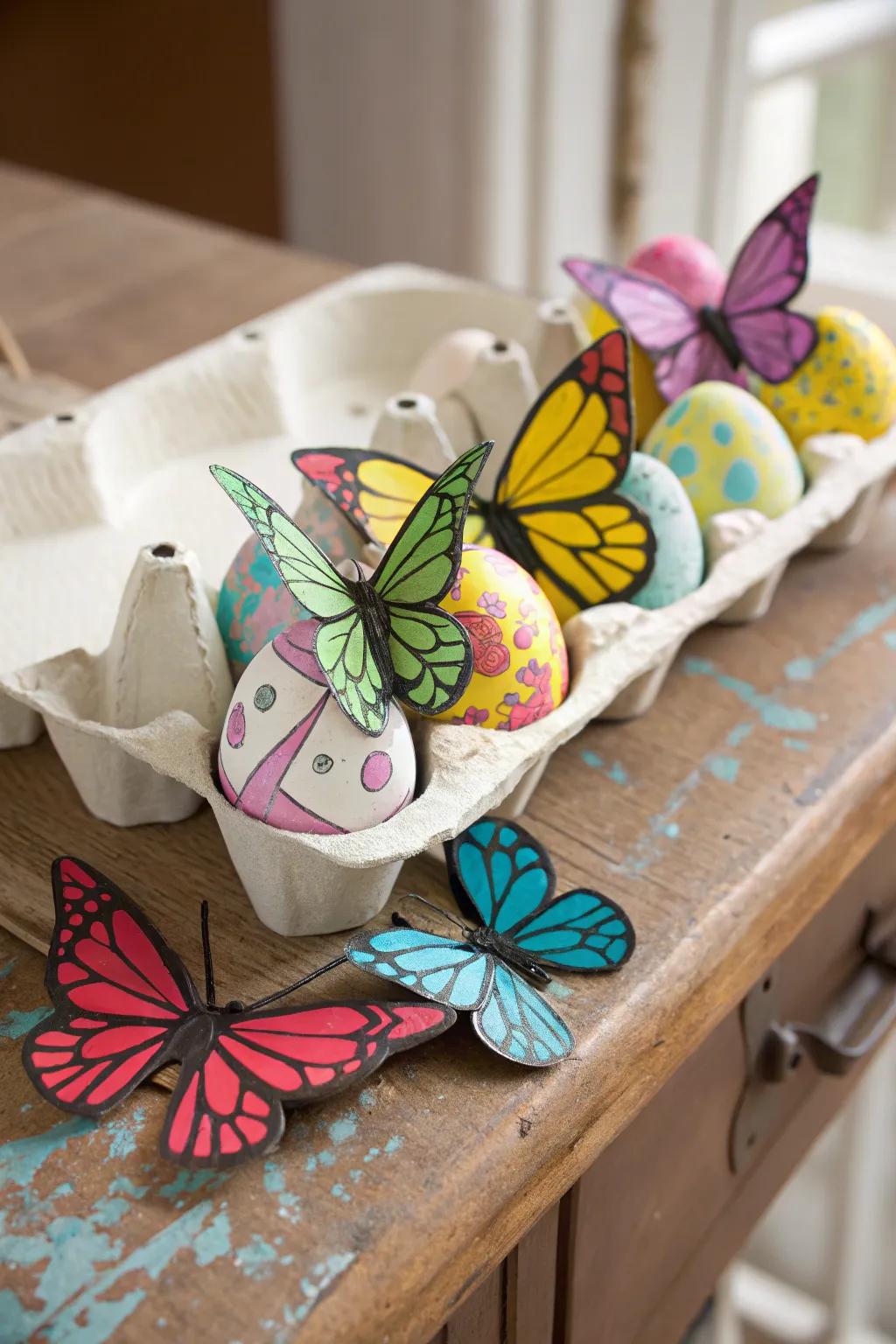 Upcycle egg cartons into colorful butterfly crafts.