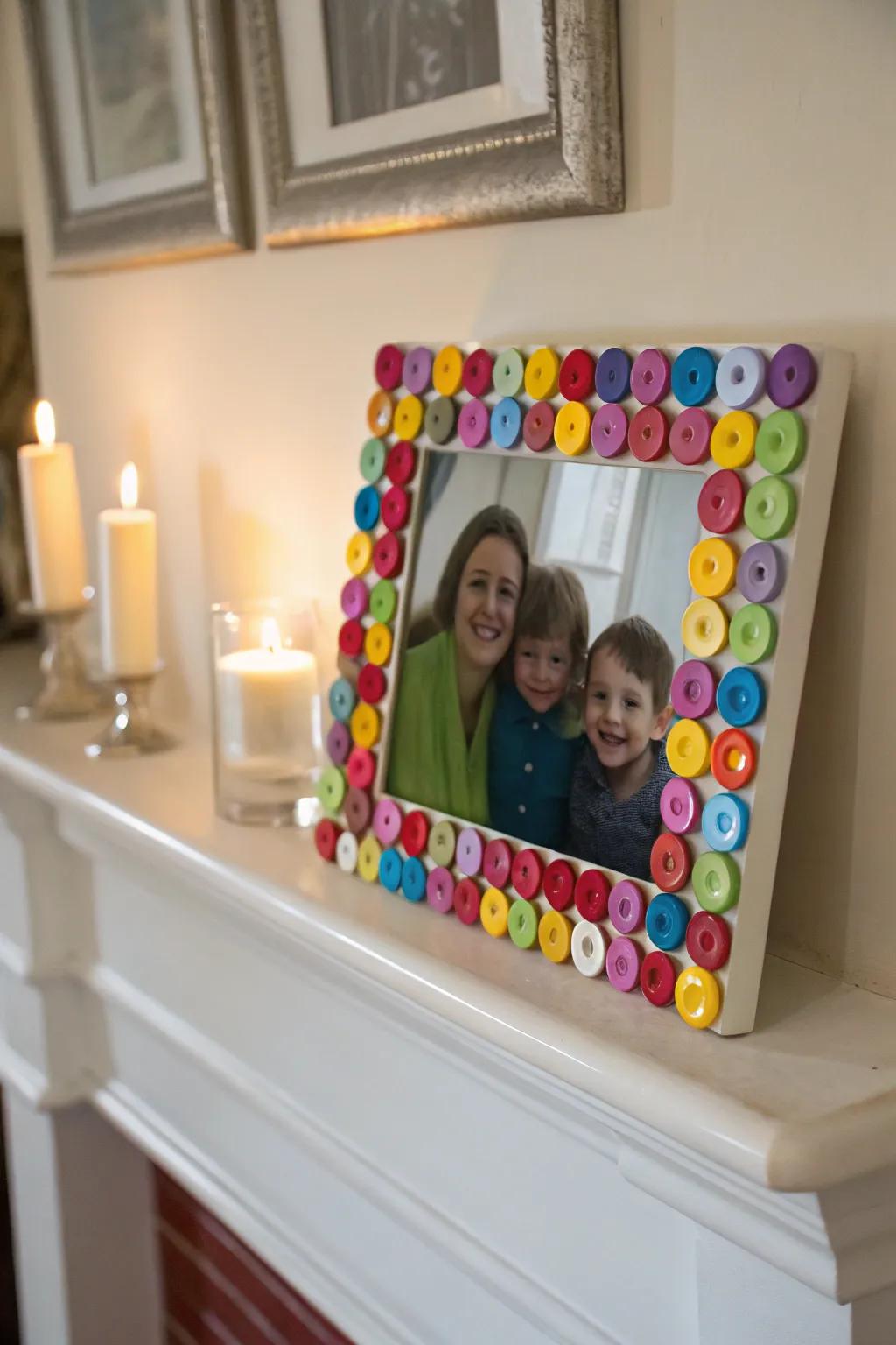 Showcase your memories with a charming button picture frame.