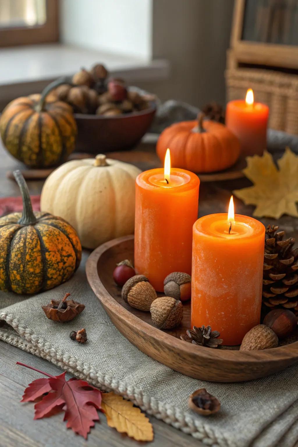 Celebrate the harvest season with warm and cozy autumnal candle decor.