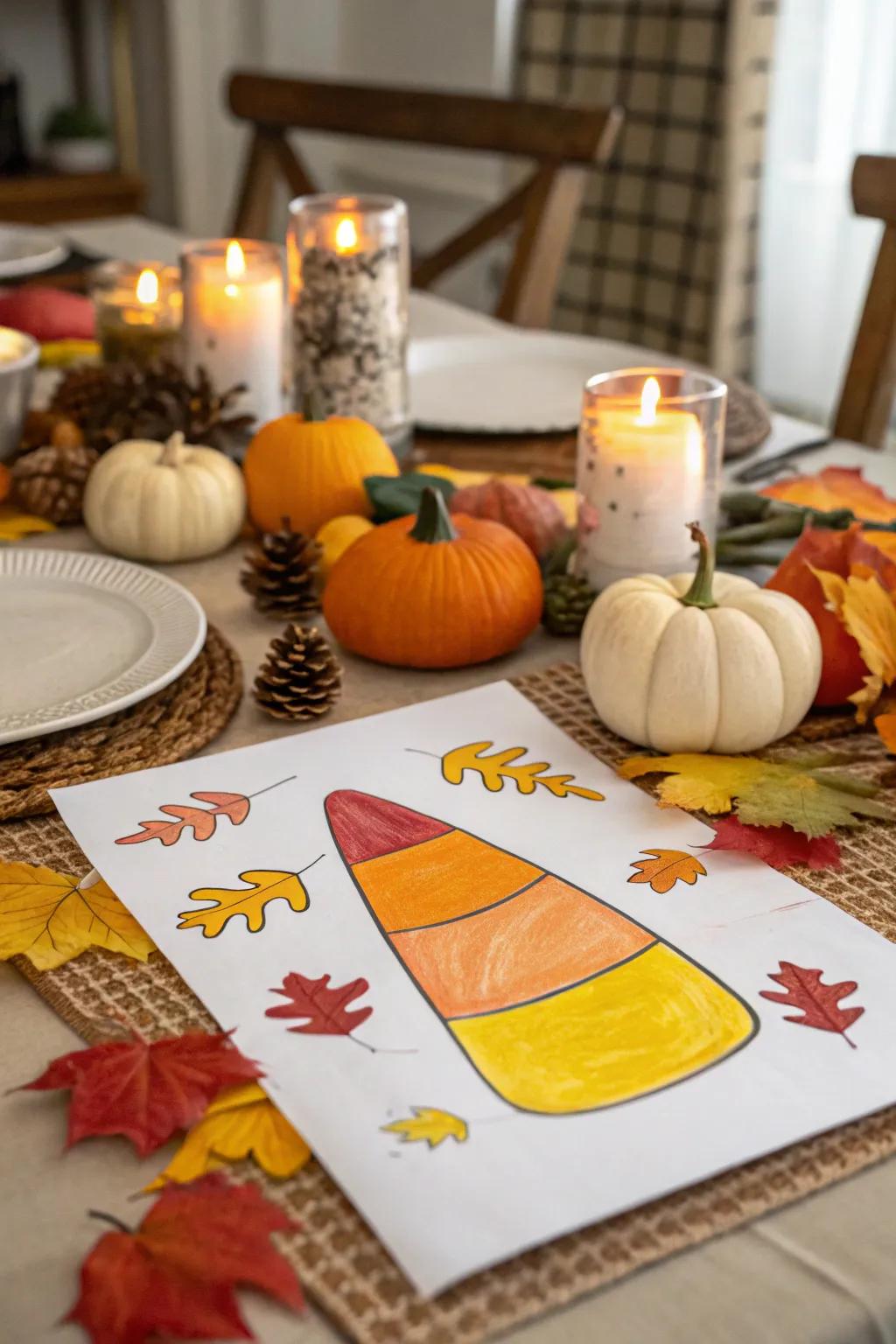 Colorful candy corn drawings perfect for autumn decor.