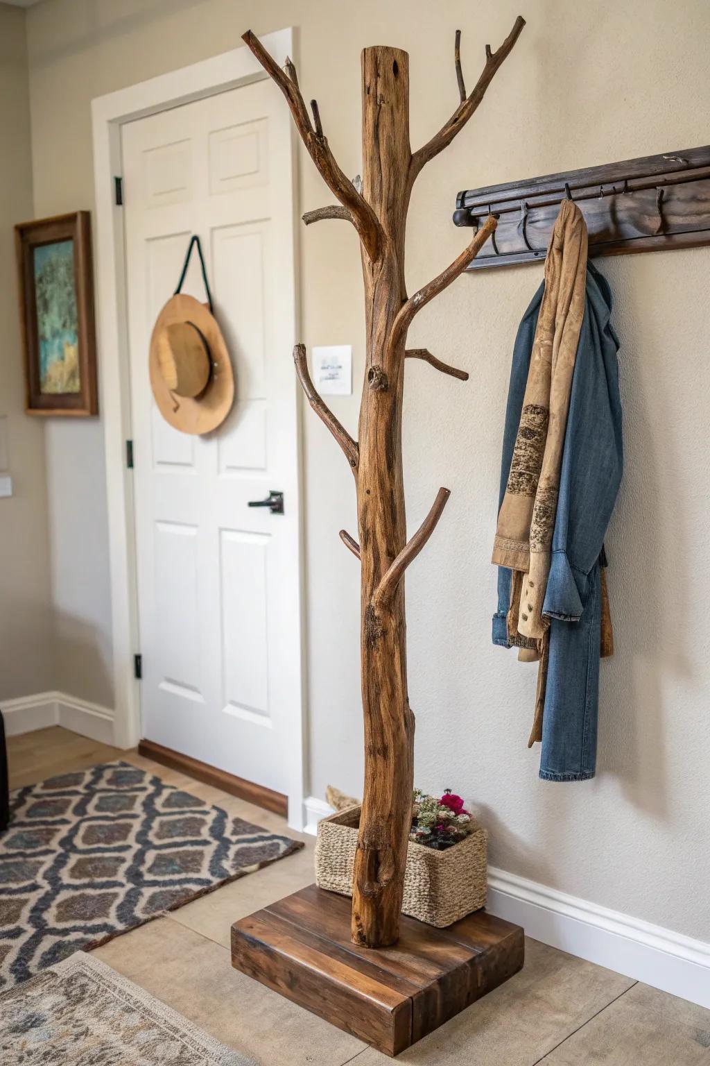 Bring the outdoors in with this handcrafted tree branch coat rack—where nature meets craftsmanship.