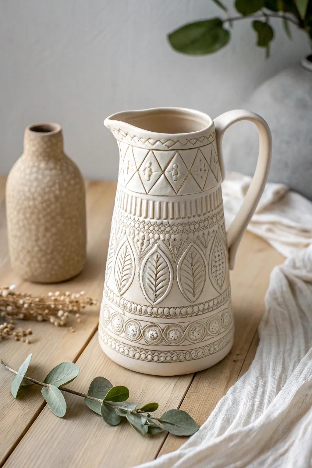 Elevate your table with this stunning carved pottery pitcher – where art meets everyday elegance.