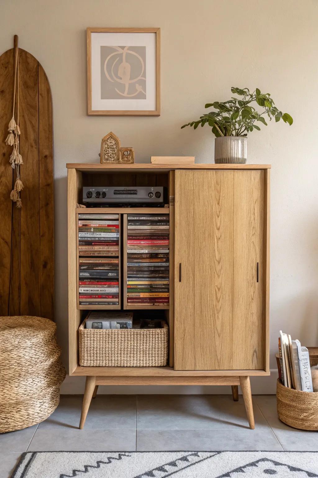 Organize your tapes with timeless elegance in a vintage cabinet that blends retro charm with Scandinavian minimalism.