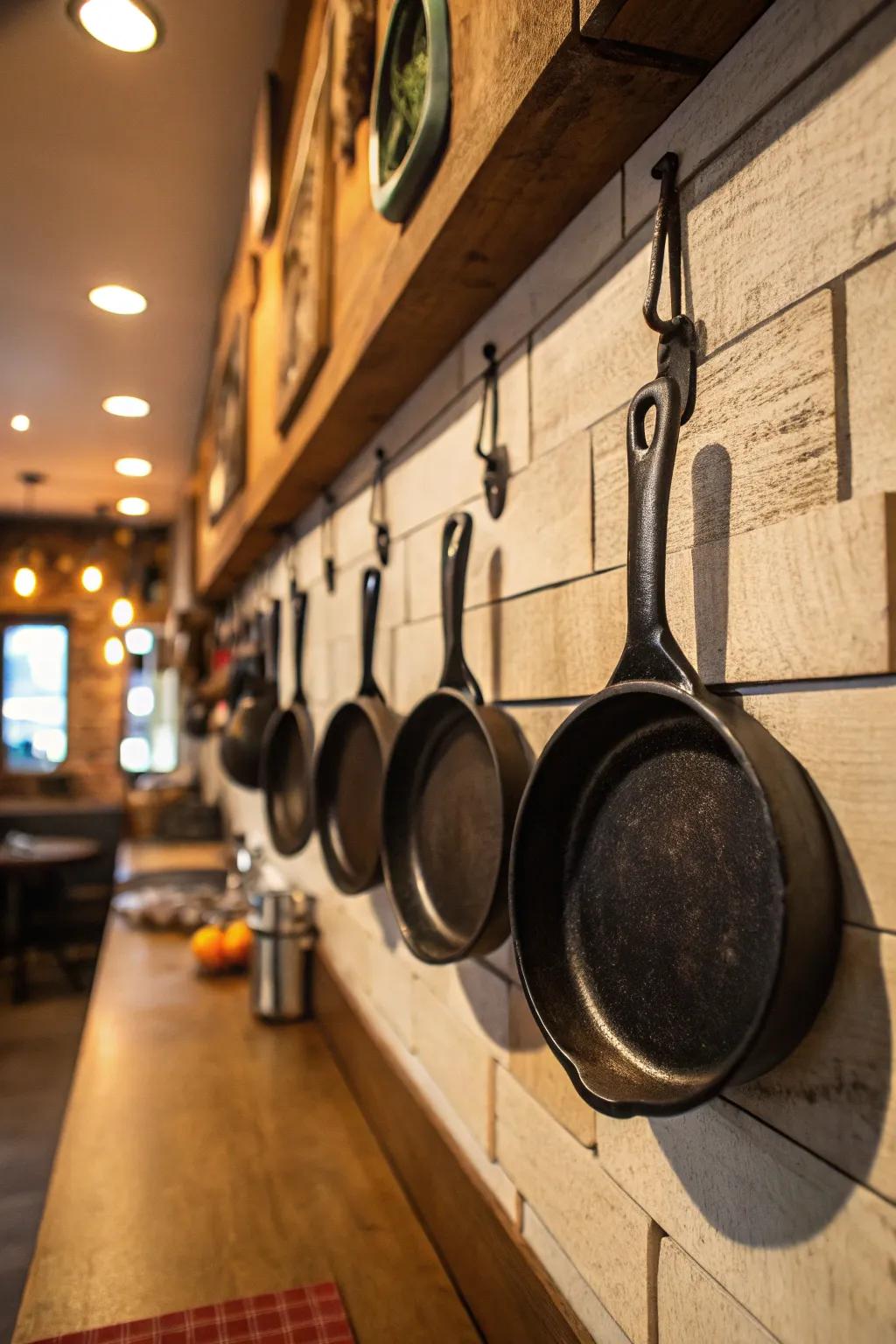 Magnetic mounts elegantly displaying small cast iron skillets.