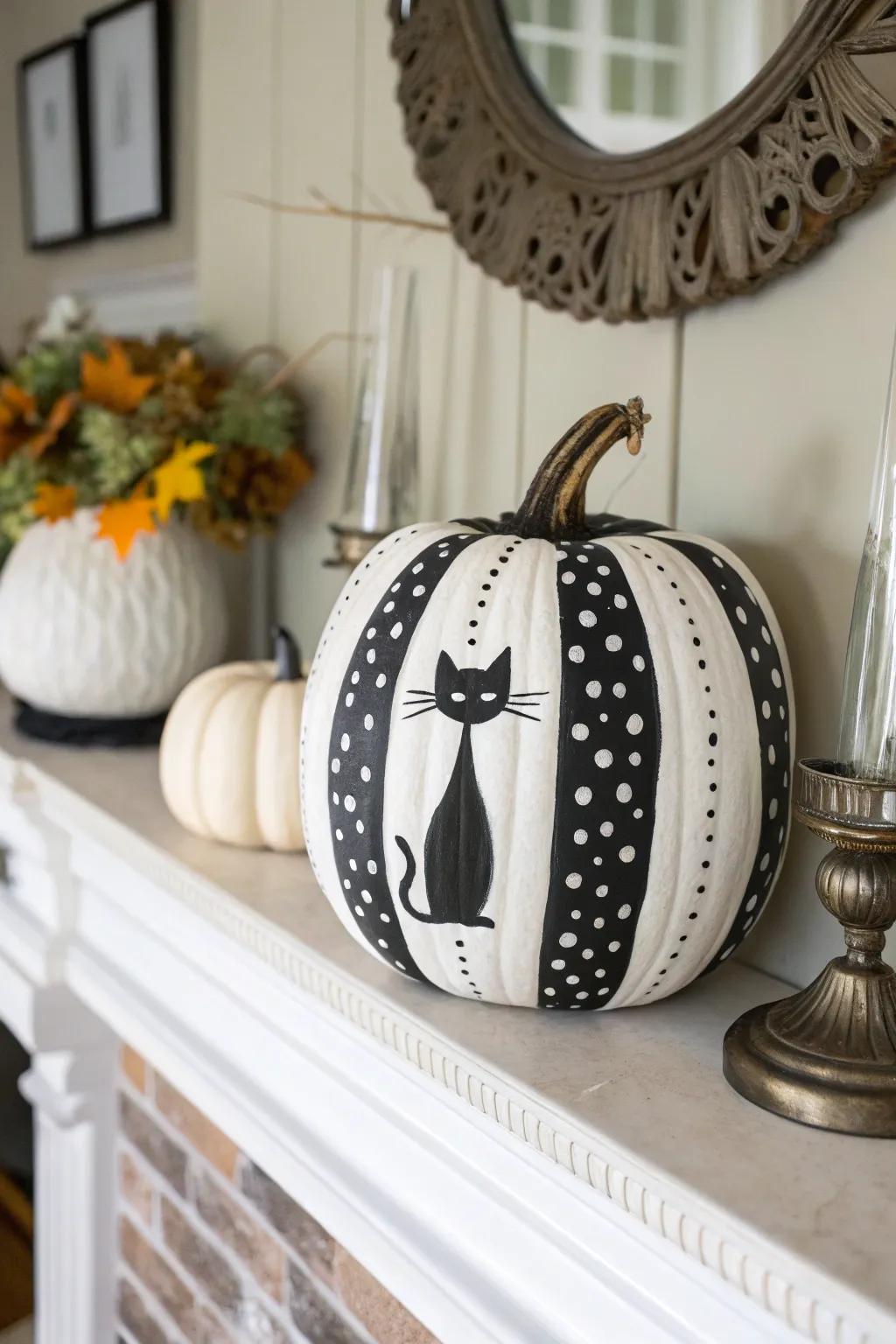 A tuxedo cat pumpkin adds a touch of elegance.