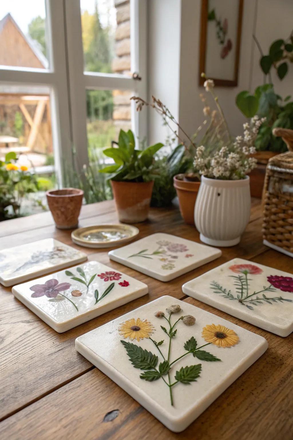 Pressed flower coasters capture the beauty of nature.