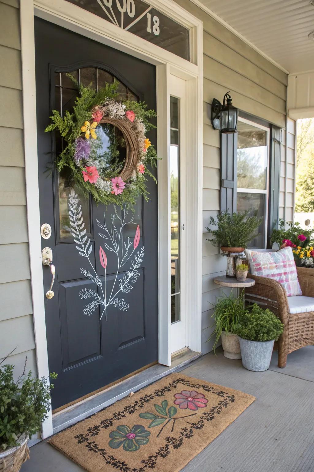 Seasonal chalk wreaths add a welcoming touch to any entry.