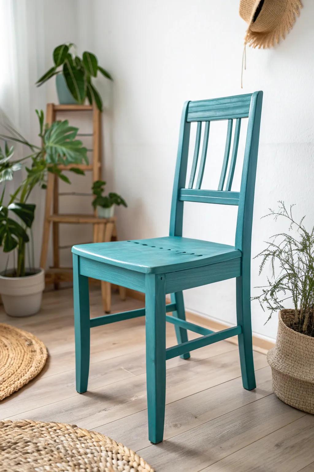 Embrace boldness: A teal chalk-painted chair that steals the spotlight in minimalist elegance.