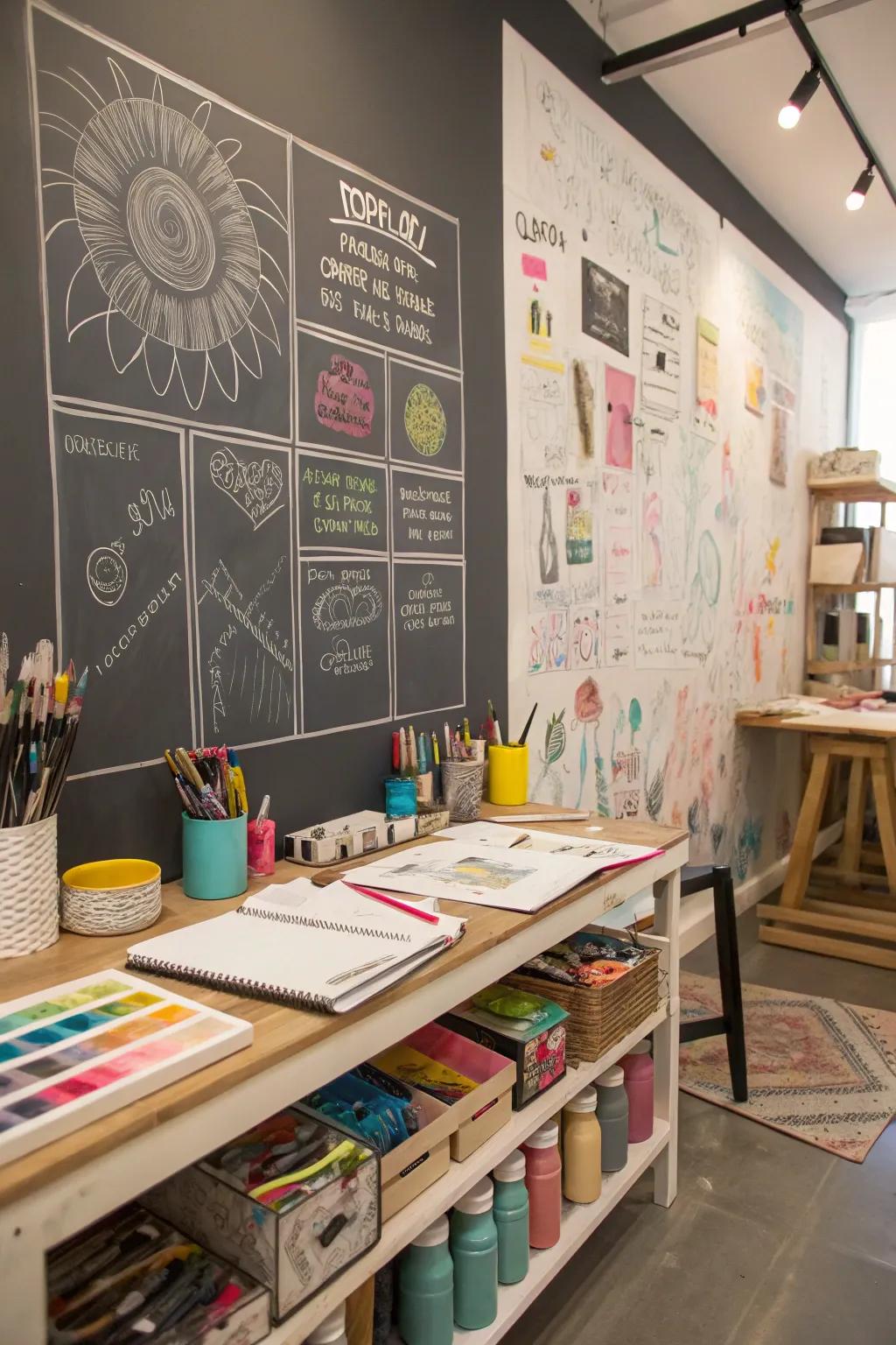 A chalk paint wall in an art studio fosters creativity and innovation.