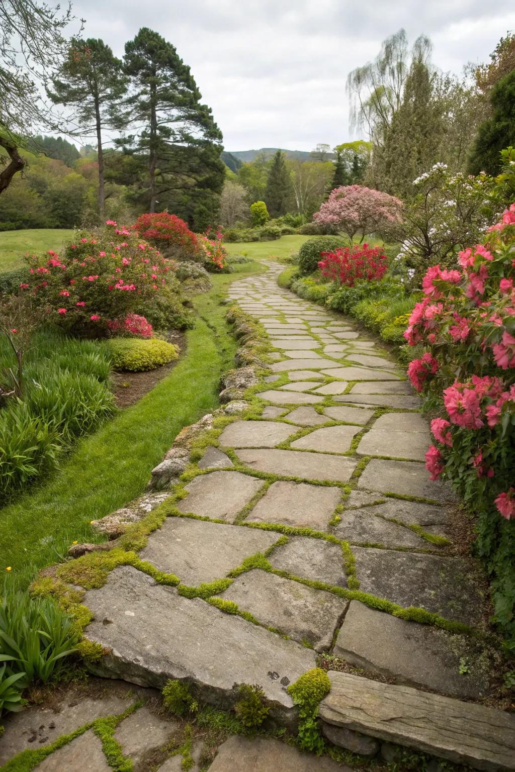 Flagstones with moss create a whimsical, organic garden path.