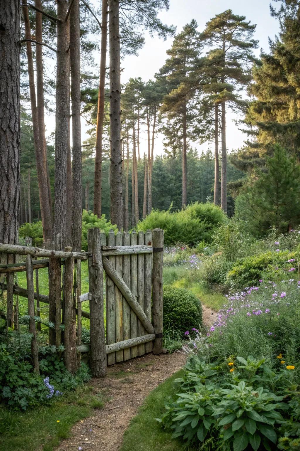 A rustic log garden gate, perfectly integrated into a woodland garden setting.