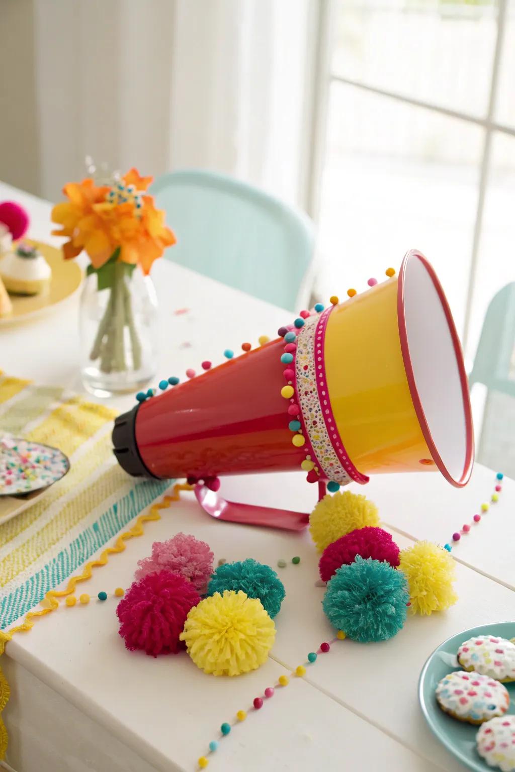 Mini pom-poms add a playful touch to your cheer megaphone.