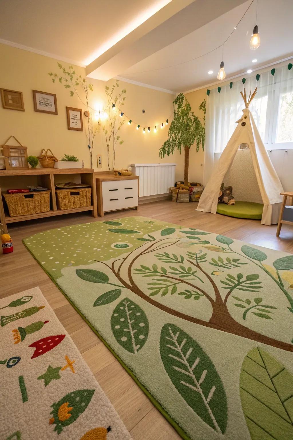 A children's room with a nature-inspired carpet, bringing the outdoors in.