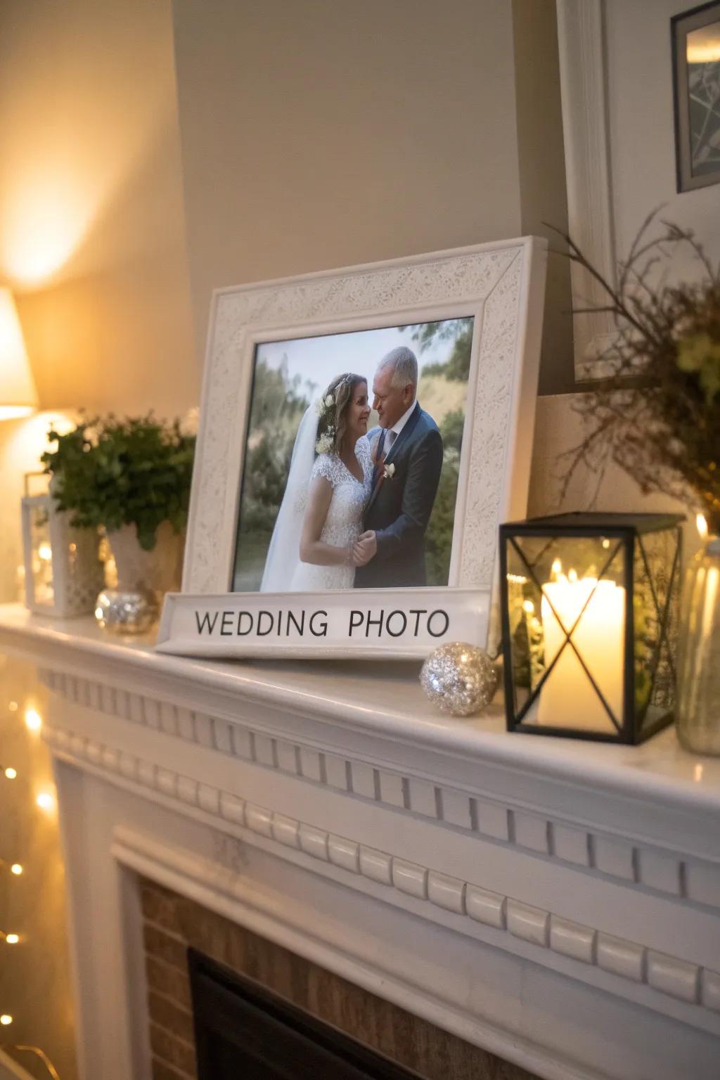 A picture frame with a wedding photo and scripture.